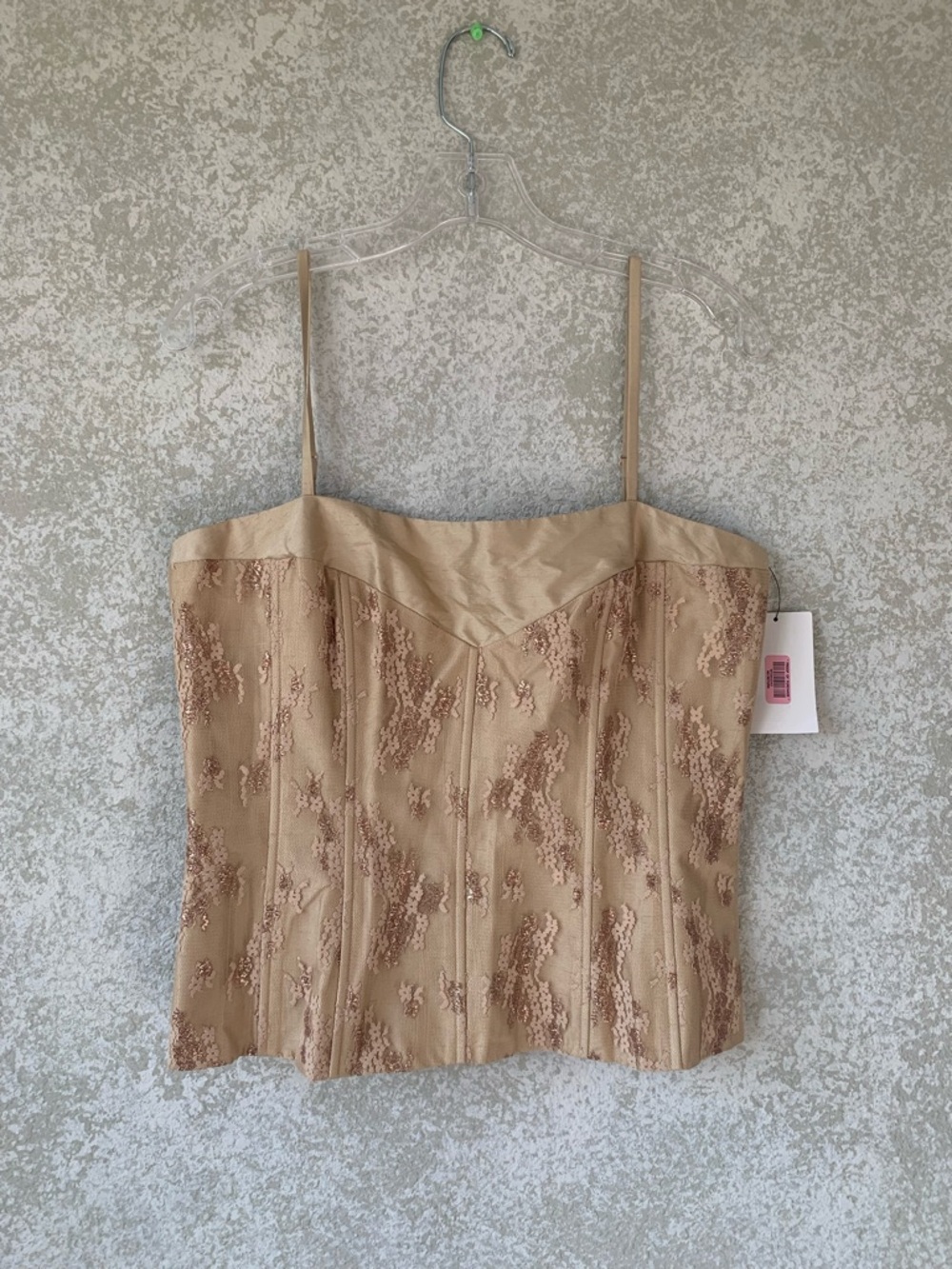 Reba Gold Toned Lace Overlay Silk Corset Top Large Spaghetti Straps Evening
